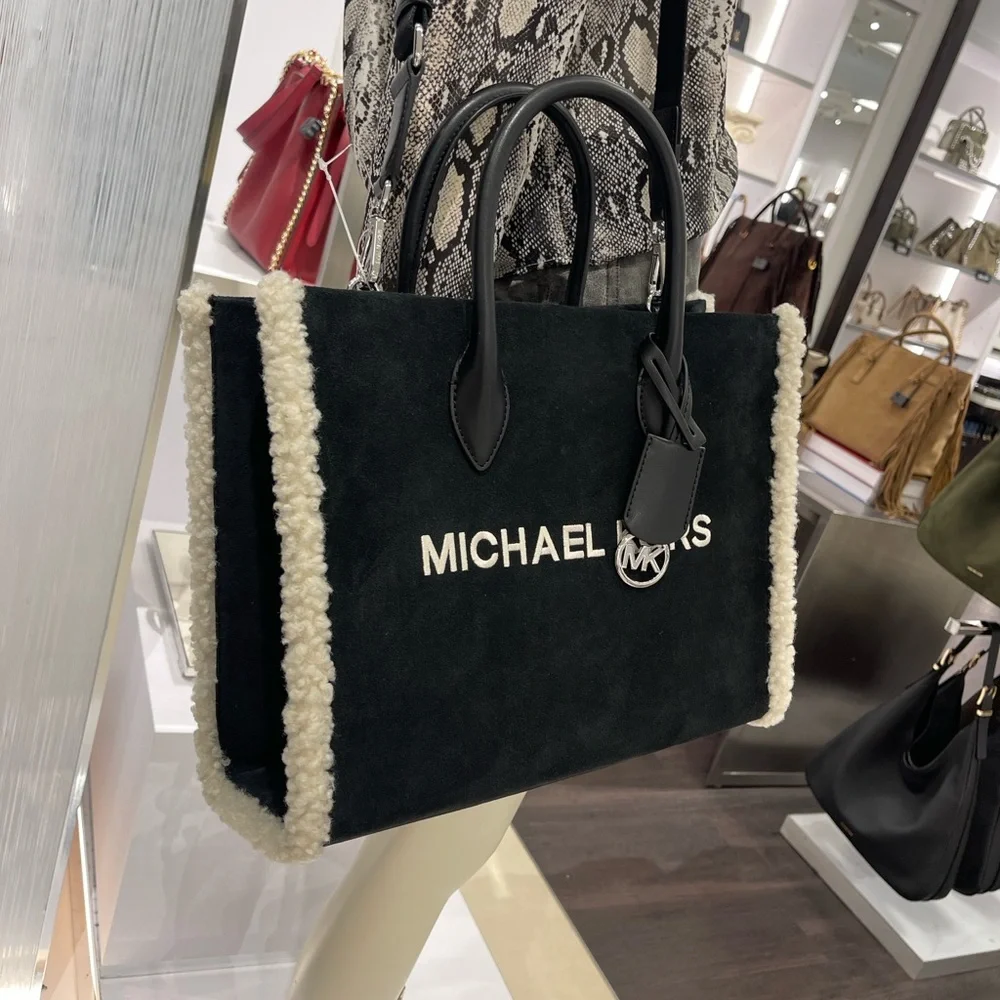 MICHAEL KORS Mirella Medium Suede and Faux Shearling Tote Bag Black  NWT